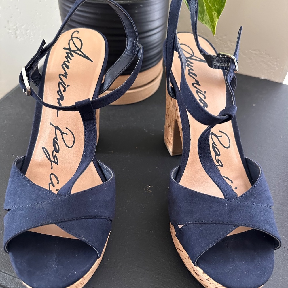 American Rag Cie Cork Navy T Ankle Strappy Wedges